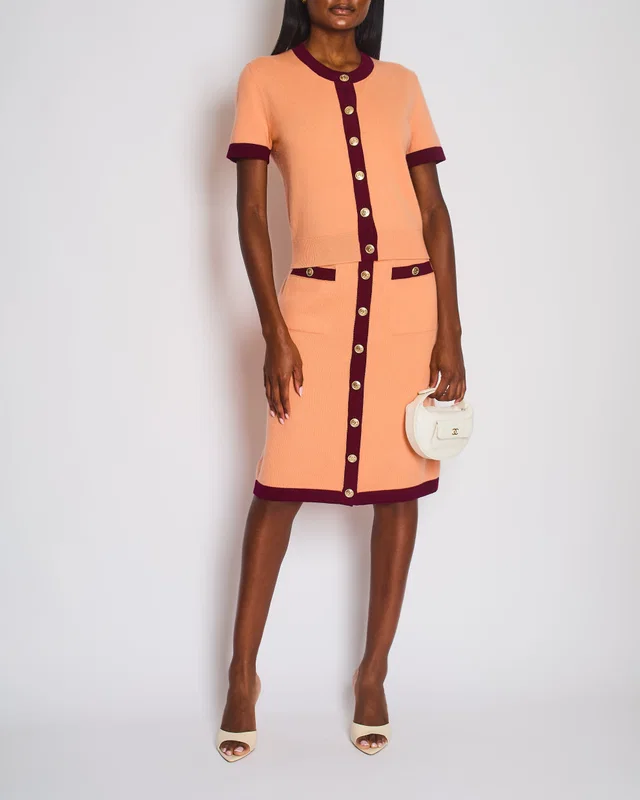 Chanel 2020 Metiers des Arts Peach Short Sleeve Knitted Button Down Cardigan with CC Button Detail… in Cashmere from Sellier