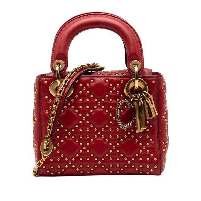 Red Dior Mini Lambskin Cannage Studded Supple Lady Dior Satchel in Red Lambskin from Designer Revival
