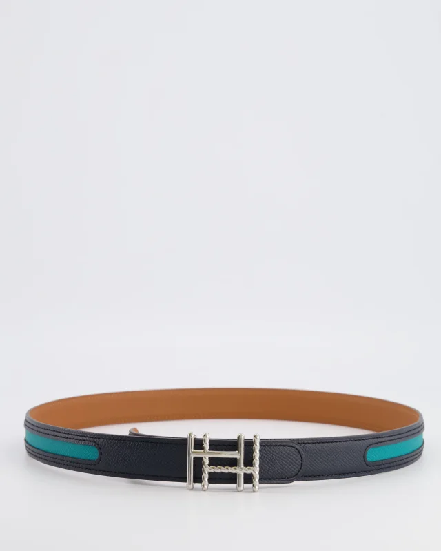 Hermès Au Carré Reversible Belt in Green and Navy with Gold Interior and Palladium H Buckle 80cm in Navy Leather from Sellier, photo 2 of 6