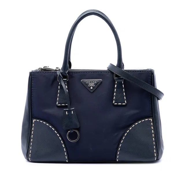 Blue Prada Small Tessuto and City Calf Hand Stitched Galleria Double Zip Satchel in Blue Saffiano leather from Designer Revival