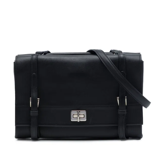 Black Prada Lux Calf Double Sided Flap Messenger Bag in Black Leather from Designer Revival