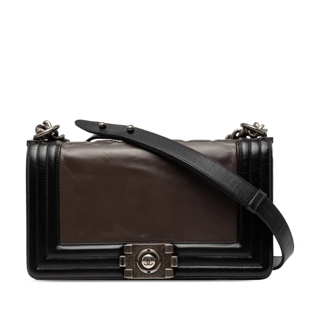 Brown Chanel Old Medium Bicolor Glazed Calfskin Boy Flap Crossbody Bag in Brown Calfskin from Designer Revival