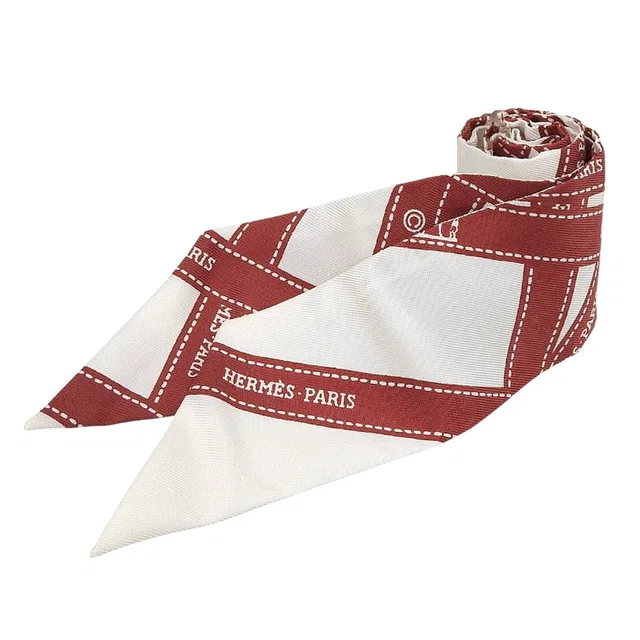 Hermès Bolduc Pattern Twilly Red/White in White Silk from VINTAGE QOO TOKYO