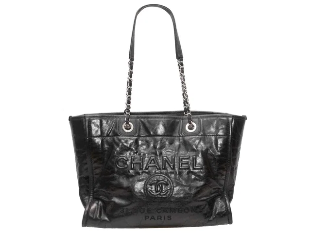 Black Chanel Deauville Tote Bag in Black Patent leather from Designer Revival