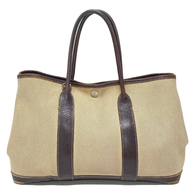Hermès Tote Bag Garden Party TPM Ivory Dark Brown Silver Leather in Brown Leather from The Reluxe