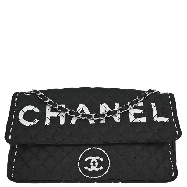 Chanel 2008 Logomania Logo Printed Flap Bag SHW in Multicolor Satin from AMORE Vintage Tokyo