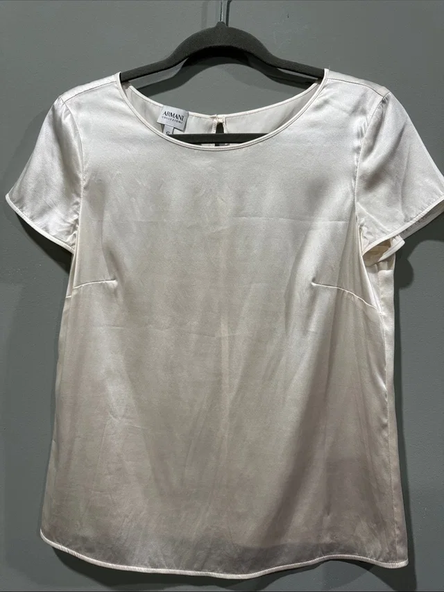 Giorgio Armani Women's Ivory Satin Short Sleeve Top in White Satin from Poshmark