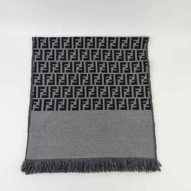 Fendi Zucca FF Monogram Reversible Scarf Wool 100% Gray Vintage in Grey Wool from The Reluxe