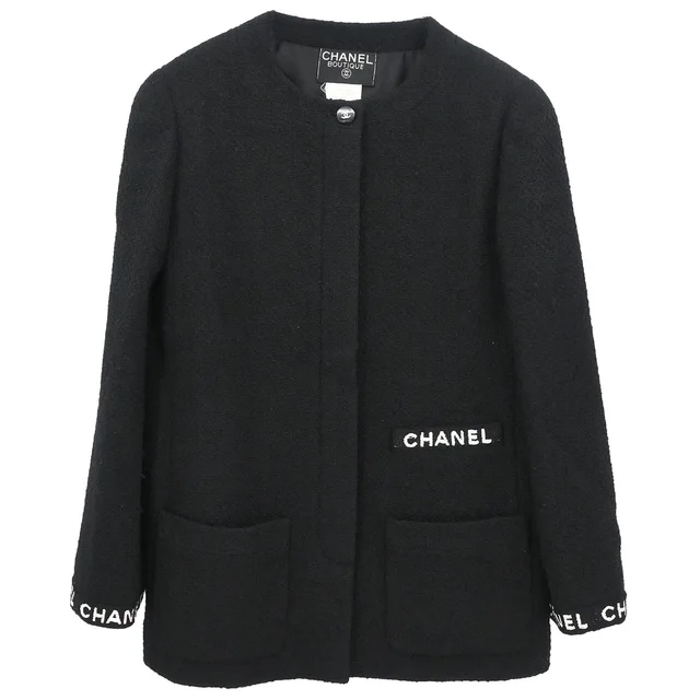 Chanel 1995 Single Breasted Collarless Jacket Black #40 in Black Nylon from AMORE Vintage Tokyo