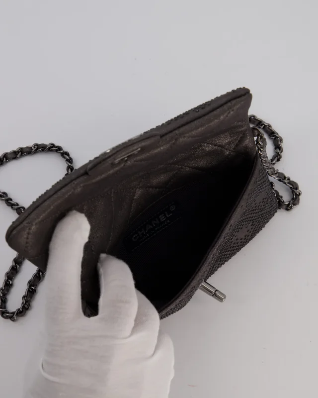 Chanel Grey Embellished Rhinestones Mini Flap Bag in Suede Leather With Gunmetal Hardware in Grey Suede from Sellier, photo 19 of 19