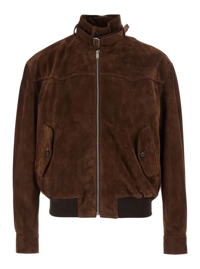 Brown Suede Jacket with Collar, Strap and T Detail on the Back for Men in Brown, image 1 of 1 from Gaudenzi Boutique