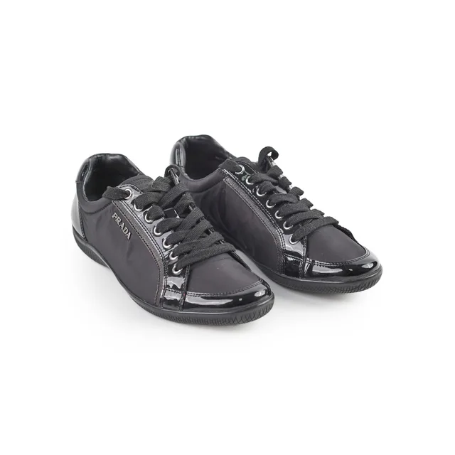 Prada Sneakers Nylon Saffiano 38.5 in Black Saffiano leather from The Purse Affair