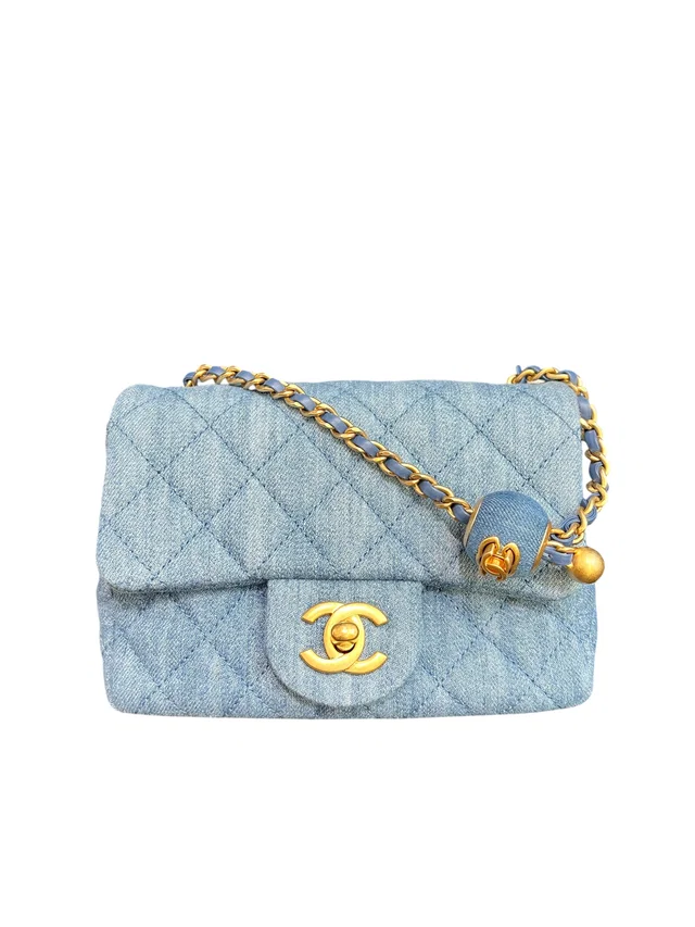 Chanel 22c Mini Square Pearl Crish Denim MGHW in Denim from Luxury Promise