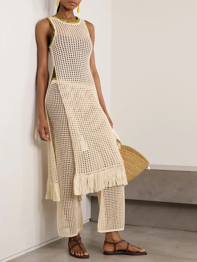 ESCVDO Atuq fringed open-knit cotton wide-leg pants in White, photo 2 of 2 from NET-A-PORTER (Canada)