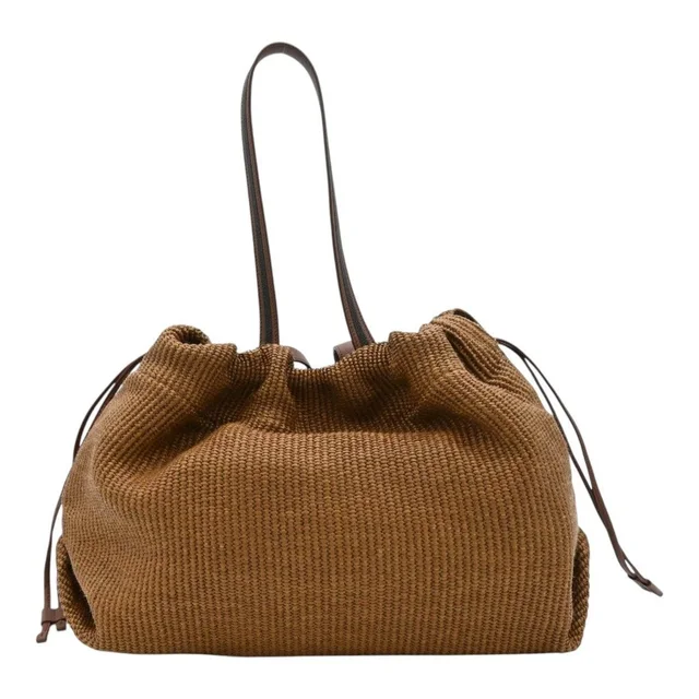 Brunello Cucinelli Tan Raffia Leather Trim Beaded Tote Bag in Brown Raffia from Clotheshorse Anonymous