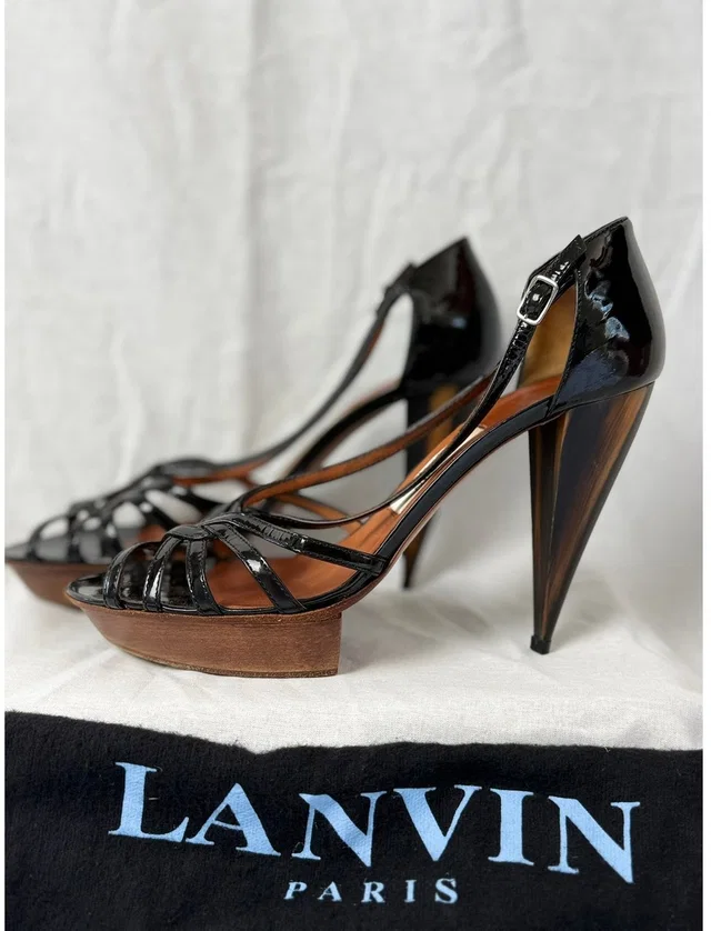 Lanvin Paris Summer '07 Black Patent Leather Platform Sandals Wood Heel Eu 41 in black Patent leather from Poshmark
