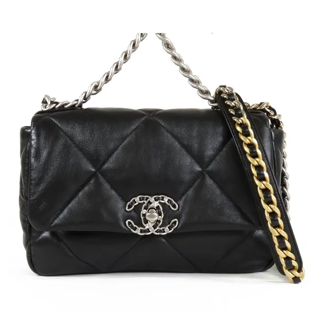Chanel 19 Black Silver Gold Shiny Lambskin 2-Way Shoulder Bag in Black Lambskin from The Reluxe
