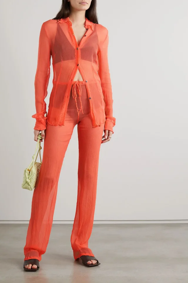 Dries Van Noten Silk-Crepon Drawstring Straight-Leg Pants in Coral, photo 2 of 5 from THE OUTNET