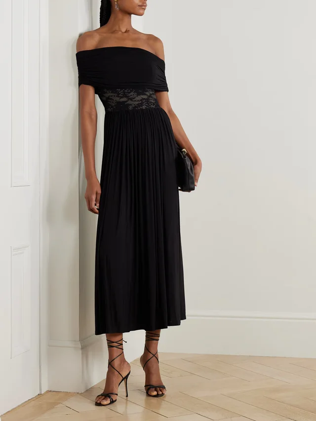 ZIMMERMANN Off-the-shoulder lace-trimmed gathered stretch-jersey maxi dress in Black, photo 2 of 2 from NET-A-PORTER (Canada)