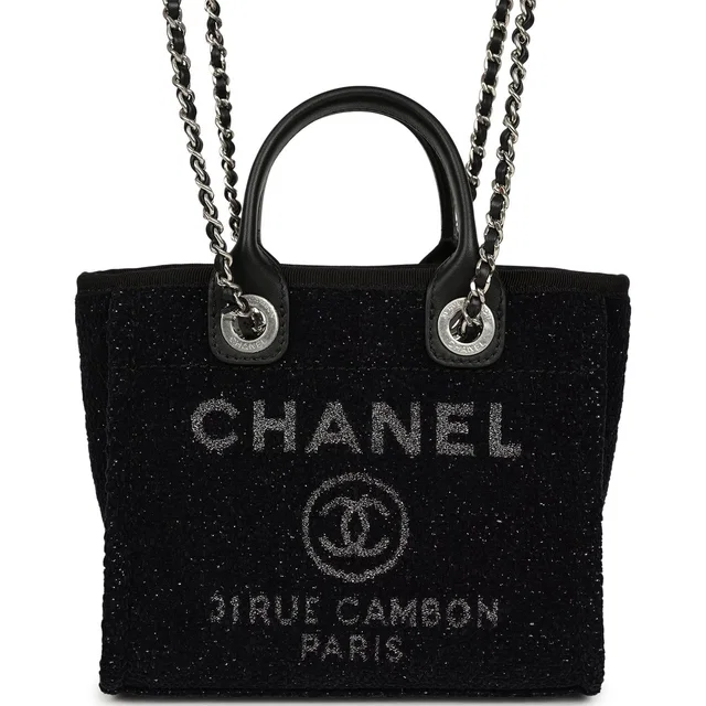 Chanel Mini Deauville Shopping Tote Black, Silver Tweed Boucle, Leather Silver Hardware in Black Tweed from Madison Avenue Couture