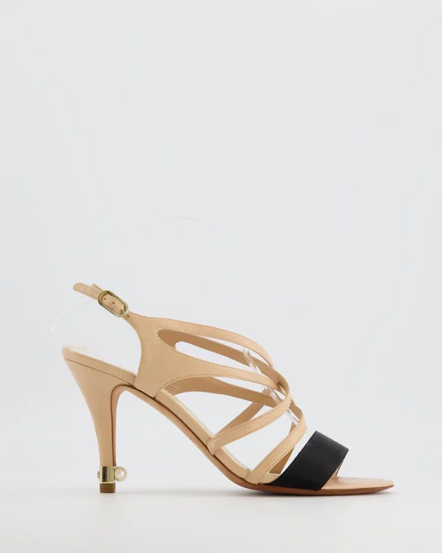 Chanel Beige Strappy Heeled Sandals with Black Toe Strap and CC Logo Detail and Pearl Heel Size EU… in Black Satin from Sellier