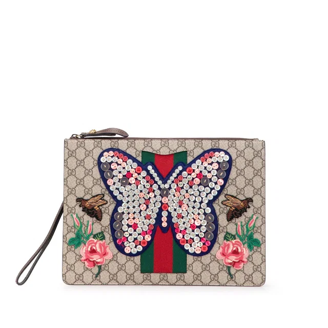 Brown Gucci GG Supreme Web Butterfly Clutch in Brown Coated canvas from Designer Revival