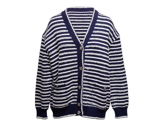Navy & White Chanel Striped Cotton Cardigan Size FR 48 in White from Designer Revival