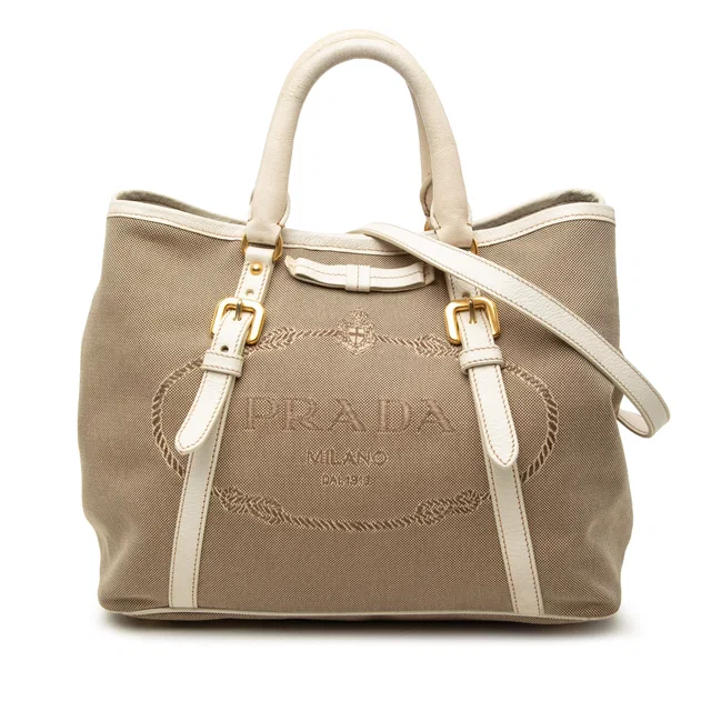 White Prada Canvas Canapa Logo Bow Satchel in White Canvas from Designer Revival