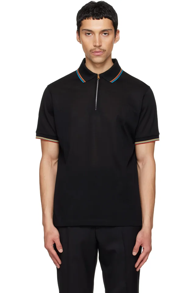 Paul Smith Navy Cotton 'Signature Stripe' Trim Zip Polo, image 1 of 1 from SSENSE