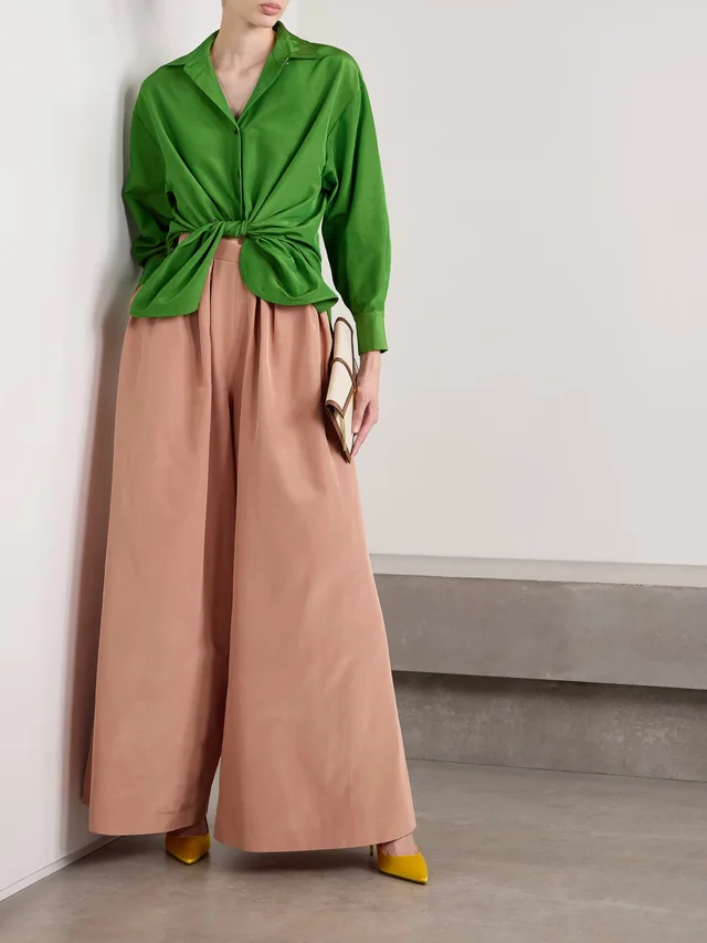 CAROLINA HERRERA Pleated cotton-blend faille wide-leg pants in Pink, photo 2 of 2 from NET-A-PORTER (Canada)