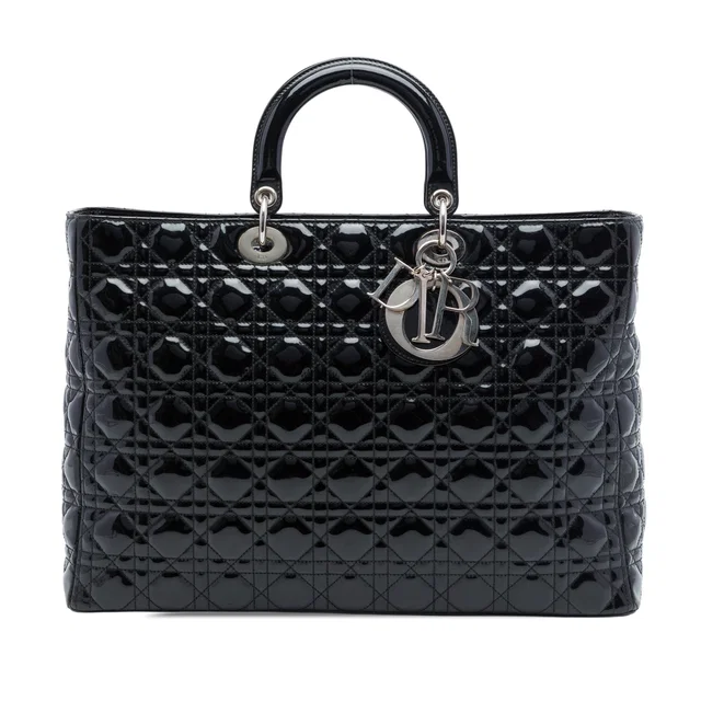 Black Dior Extra Large Patent Cannage Lady Dior Satchel in Black Patent leather from Designer Revival
