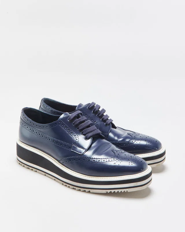 Prada Women's Navy Monolith Leather Wingtip Platform Brogues - UK6 in Navy Leather from Rokit Vintage