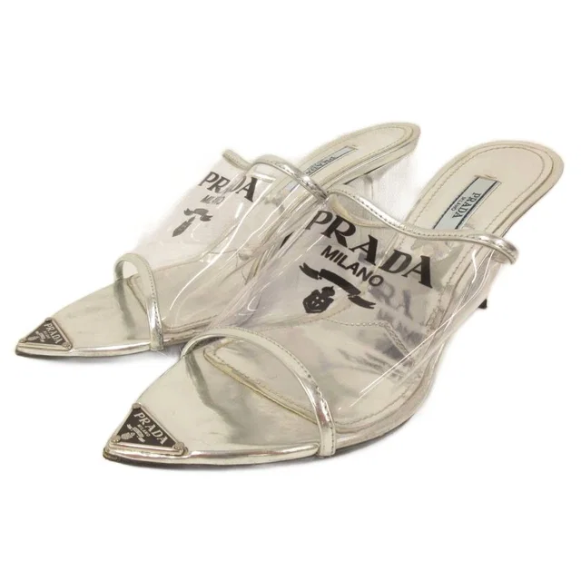 Prada Mules Triangle Logo Pointed Toe Clear Silver Color TQ 36 in Silver from The Reluxe