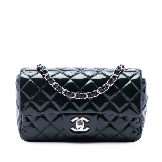 Blue Chanel Mini Rectangular Classic Patent Single Flap Crossbody Bag in Blue Patent leather from Designer Revival
