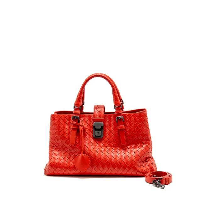 Bottega Veneta Small Roma Tote Bag Intrecciato Leather Red Gunmetal Tone Hardware in Red Woven leather from EMIER