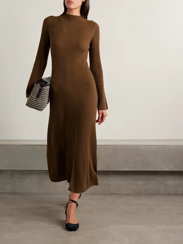LE KASHA Logan ribbed organic cashmere midi dress in Brown, photo 2 of 2 from NET-A-PORTER (Canada)