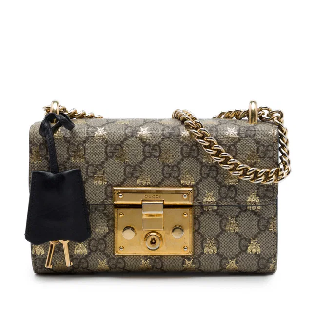Beige Gucci Small GG Supreme Bee Padlock Crossbody in Beige Coated canvas from Designer Revival