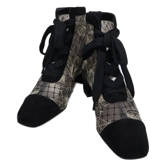Dior Naughtily-D Suede Embroidered Mesh Butterfly Lace Up Heels Short Boots in Suede from The Reluxe