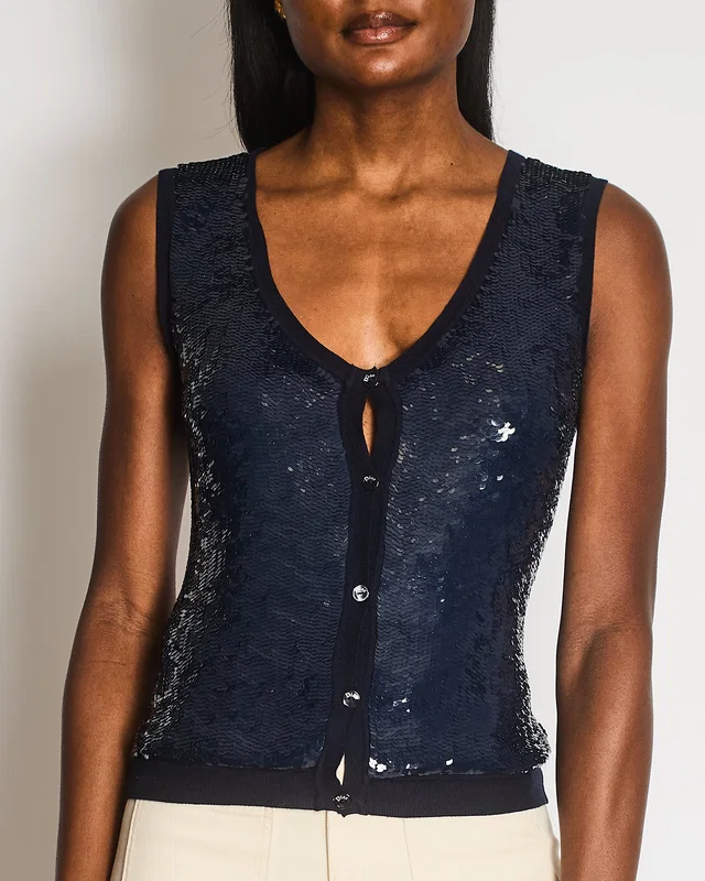 Dior Navy Wool and Sequin Embellished Gilet with Black Logo Buttons Size FR 34 (UK 6) in Black Wool from Sellier
