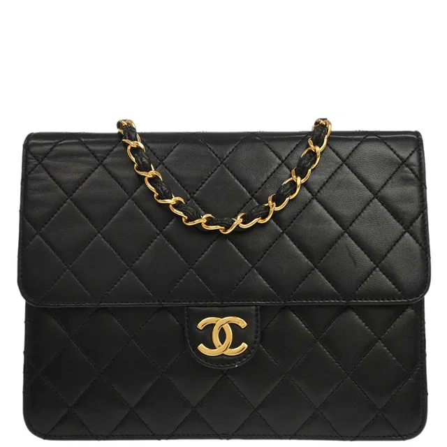 Chanel 1997-1999 Black Lambskin Pushlock Small Half Flap Shoulder Bag in Black Lambskin from AMORE Vintage Tokyo