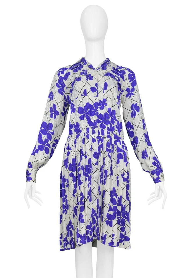 Saint Laurent White & Purple Floral Silk Day Dress in White Silk from Resurrection Vintage