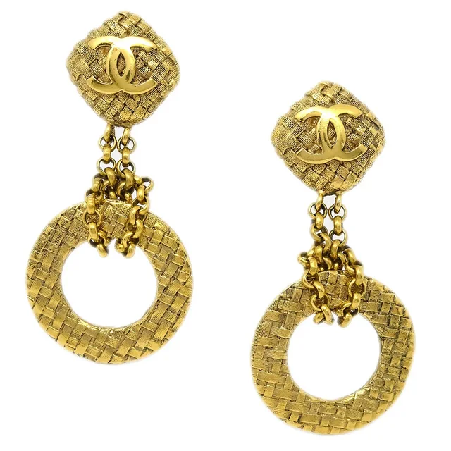 Chanel 1994 Dangle Hoop Woven CC Earrings Clip-On Gold 2881 in Gold Woven leather from AMORE Vintage Tokyo