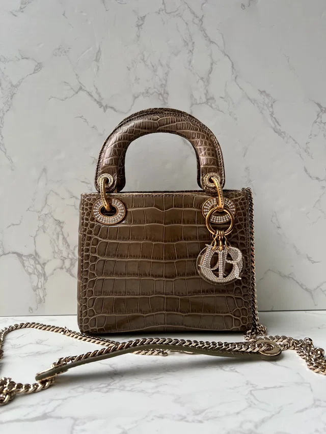 Dior Lady Mini Olive Alligator LGHW with Strass Comes with Strap and Card in Green Crocodile from Luxury Promise