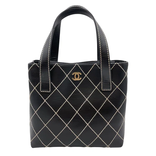 Chanel Vintage Wild Stitch Black Top Handle Bag in Black Calfskin from LuxLexicon