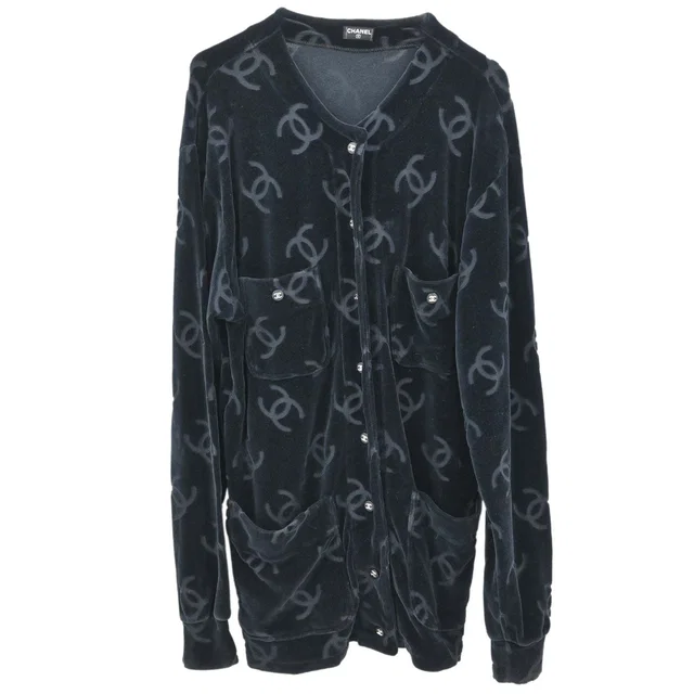 Chanel CC Velours Cardigan Black #36 in Black Nylon from AMORE Vintage Tokyo