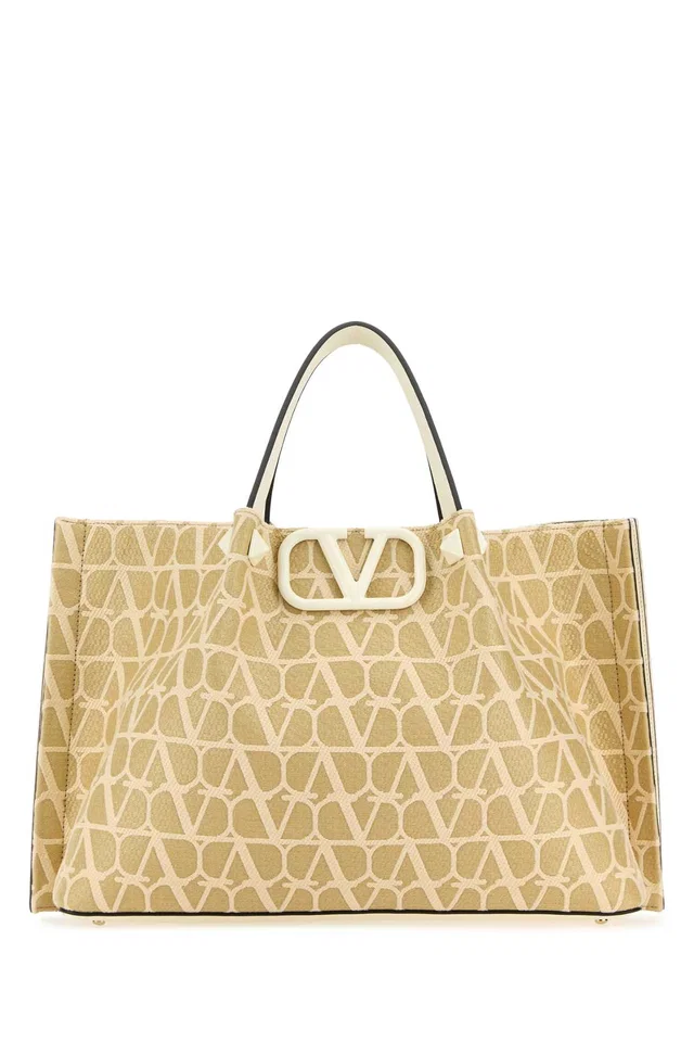 Valentino Garavani Vlogo Monogram Jacquard Tote Bag — Beige Exterior: Fabric in Beige Leather from HEWI