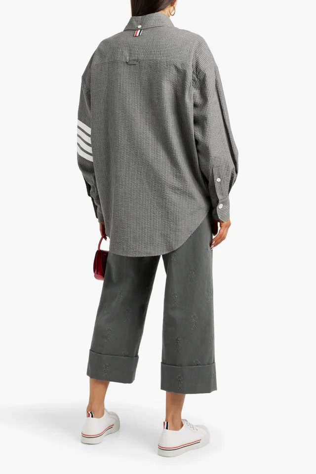 Thom Browne Striped Cashmere-Seersucker Shirt in Anthracite, photo 3 of 4 from THE OUTNET
