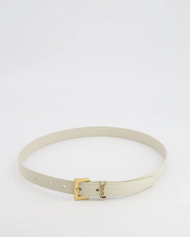 Saint Laurent Cassandre Cream Leather Belt with Brushed Gold Square Buckle and Logo Size 75 in White Leather from Sellier, photo 2 of 8