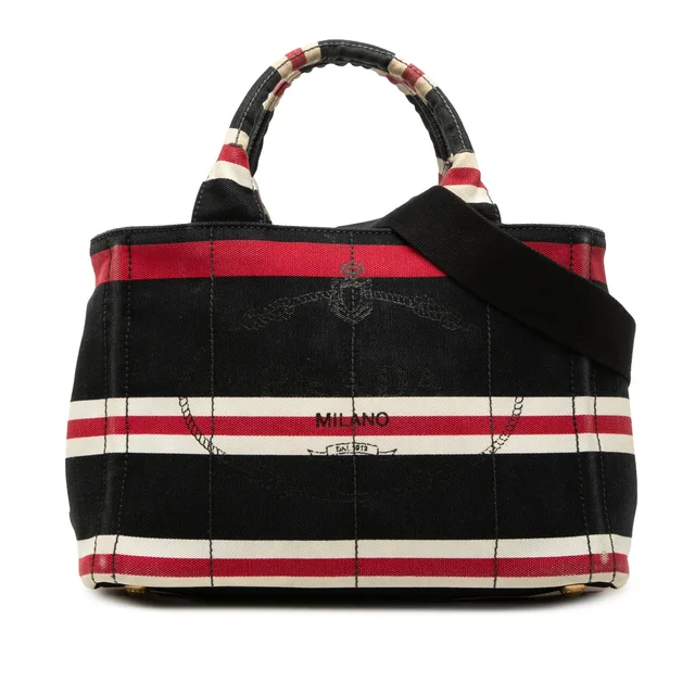 Black Prada Small Canvas Canapa Logo Stripes Tote Satchel in Black Canvas from Designer Revival