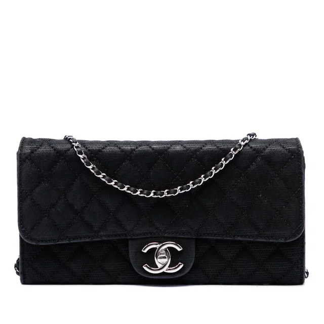 Black Chanel CC Quilted Iridescent Fabric East West Flap Shoulder Bag in Black Woven leather from Designer Revival